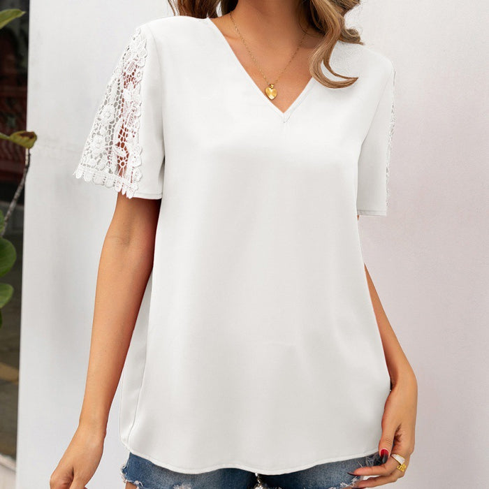 Lace Stitching Short Sleeve V Neck Shirt Casual Loose Hollow Out Cutout Shirt Top for Women