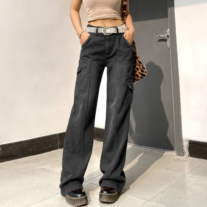 High Waist Slim Fit Two Button Tooling Multi Pocket Denim Trousers Women