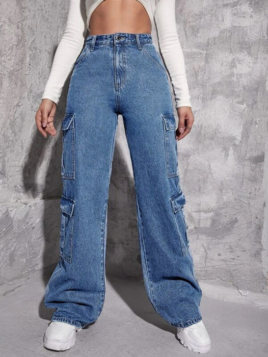 Multi Bag Jeans Women High Waist Straight Leg Pants Washed Loose Denim Trousers