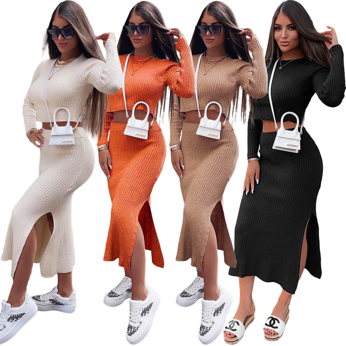 Women Clothing Autumn Winter Sunken Stripe Sweater Skirt Two-Piece Suit