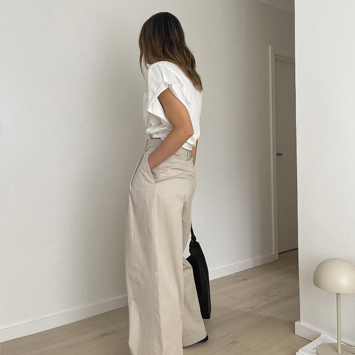 Beige Casual Trousers Draping Effect Comfortable Wide Leg Pants Summer Office Pants