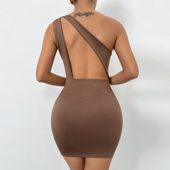 Summer Split Sleeveless Women Hip Sexy Hollow Out Cutout Diagonal Collar Dress