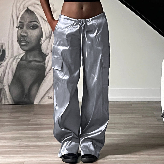 Metallic Coated fabric Women Silver Satin High Waist Drawstring Loose Straight Patchwork Pocket Common Tooling Casual Trousers