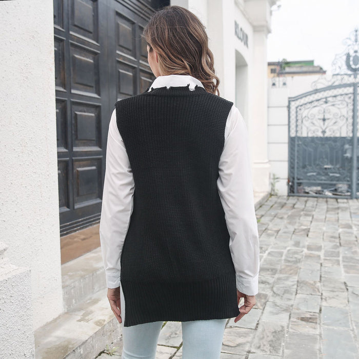 Personalized Side Zipper Split V-neck Vest Knitted Sweater Women Ripped Vest Outer Wear Women Clothing Sweater