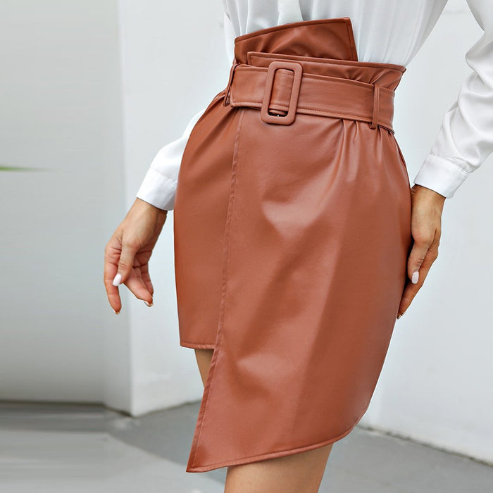 Autumn Winter Irregular Asymmetric All-Matching Sexy Hip Skirt Belt Solid Color Faux Leather Skirt Women