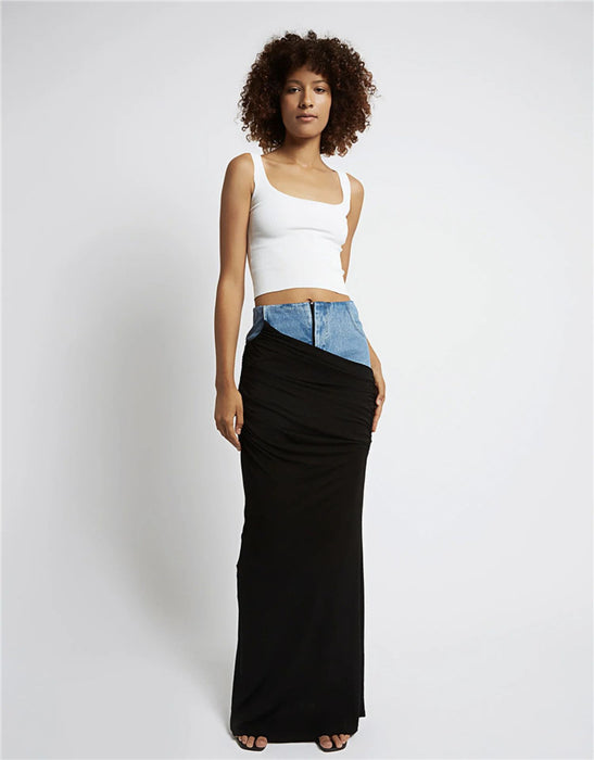 Modern Deconstruction High Waist Skirt Women Spring Black Color Pleats Stitching Design Long Denim Skirt