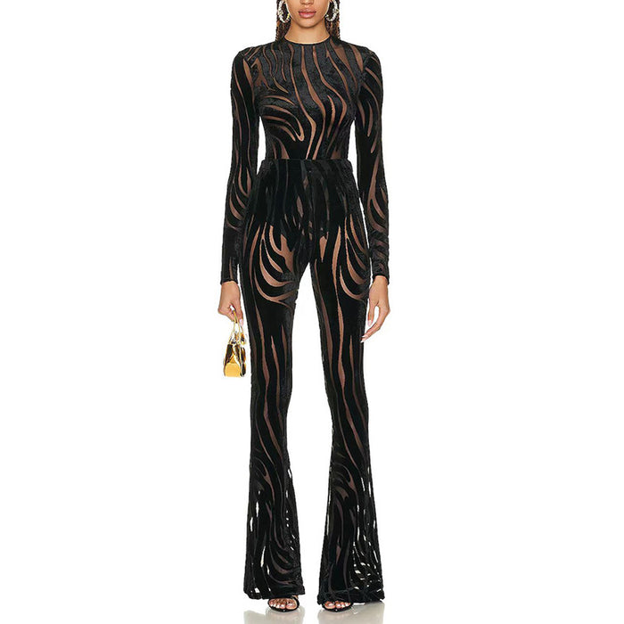 Goods Zebra Stripes See through Carved Velvet Jumpsuit Bell-Bottom Pants Suit Two Piece Set