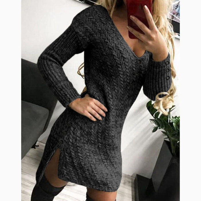 Autumn Winter Knitted Sweater Women V Neck Slim Fit Slim Sexy Elegant Slightly Mature Solid Color Mid Length Dress