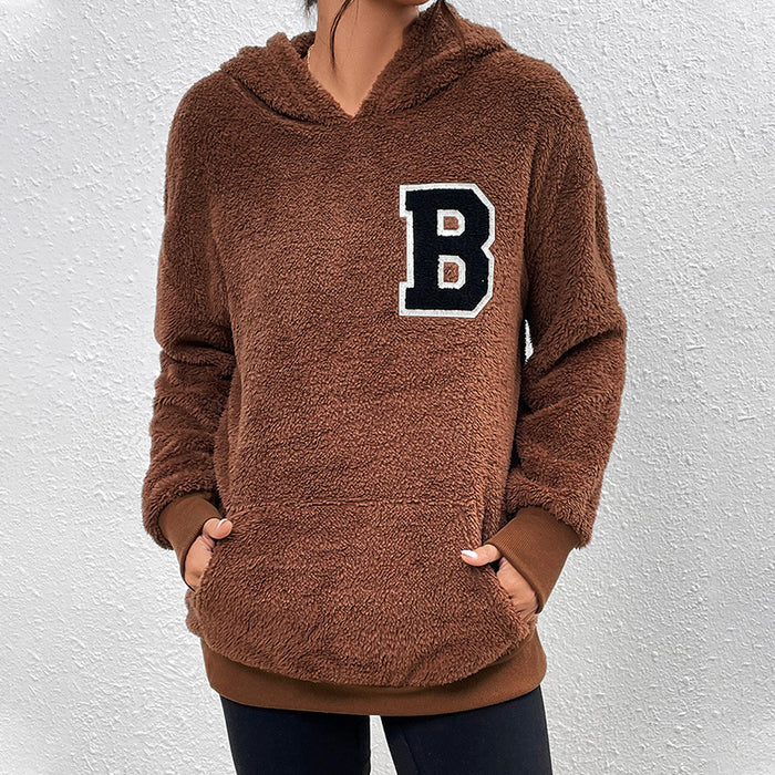 Winter Long Sleeve Hooded Solid Color Women Letter Graphic Fleece Pullover