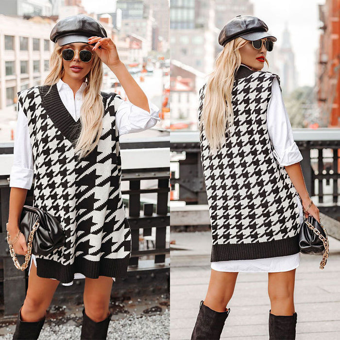 Autumn Winter New Houndstooth V-neck Loose Sweater Ladies Vest Vest