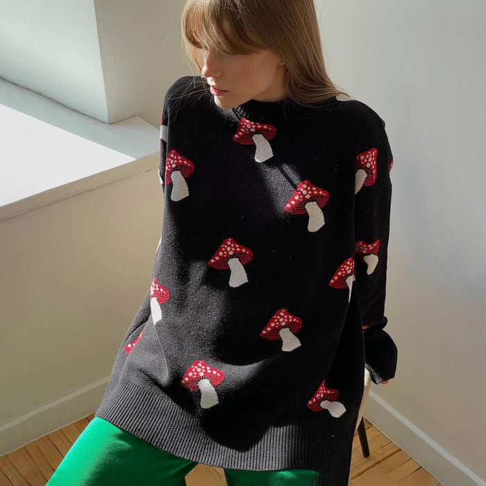 Casual Women Loose Lazy Mushroom Print Contrast Color Pullover Women Autumn