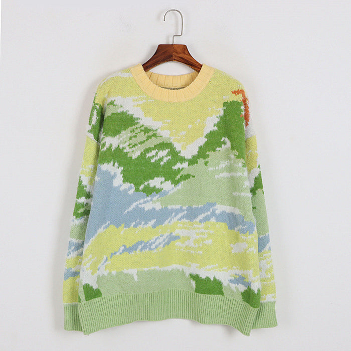 Gradient Jacquard Thick Sweater Autumn Winter Korean Lazy Loose Pullover Women Clothing