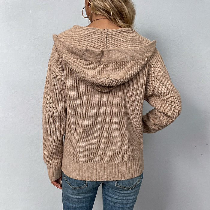 Solid Color Hooded Zipper Knitwear Autumn Winter Drawstring Pocket Sweater Women Cardigan Coat