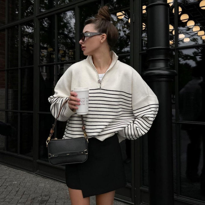 Early Spring Women Clothing Simple Gentle Stylish Striped Collared Half Open Zipper Knitted Sweater for Women