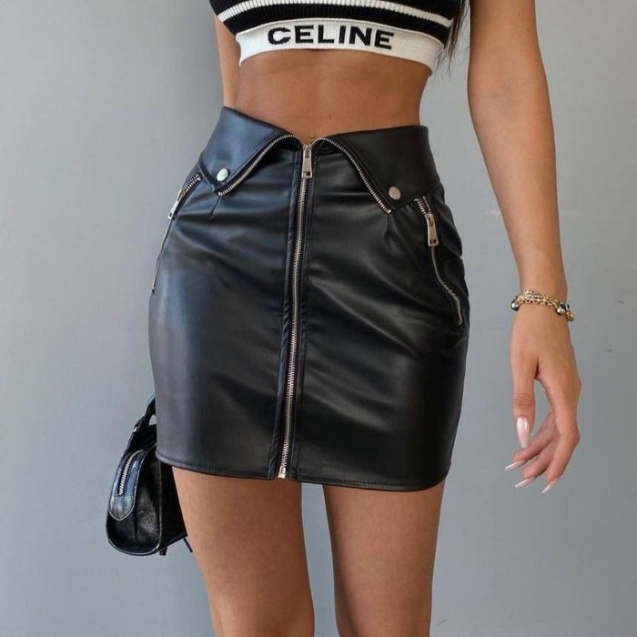 Winter Women Clothing Sexy Faux Leather Skirt Women Slim Fit Hip Raise Zipper Skirt