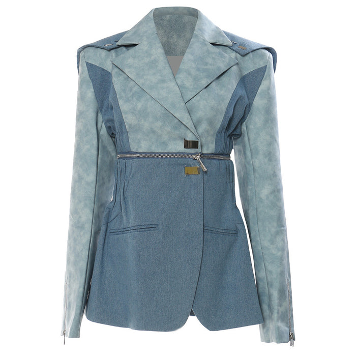 Denim Leather Patchwork Stitching Contrast Color Mid Length Blazer Top Women