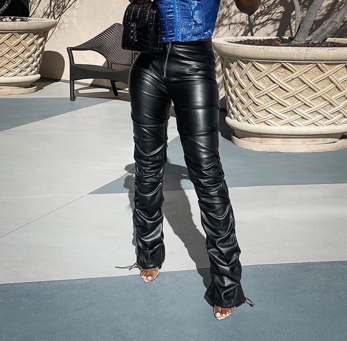 Summer Women  Clothing High Waist Sheath Street Shooting Casual Tappered Faux Leather Trousers for Women