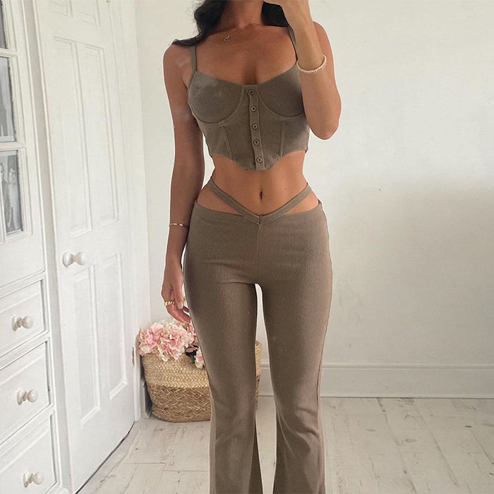 Fall Women Clothing Sexy Camisole Irregular Asymmetric Vest Hollow Out Cutout out Bootcut Pants Suit