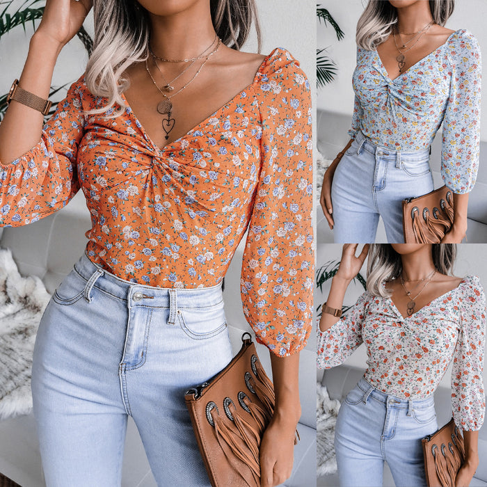 Autumn Winter Sexy V-neck Knotted Floral Chiffon Shirt Top Women Clothing