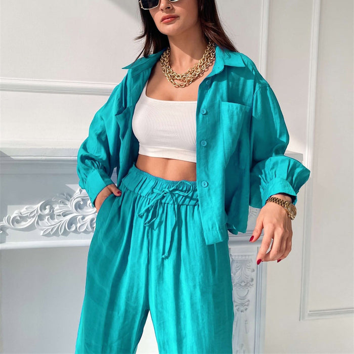 Women   Commuting Wear Spring Summer Polo Collar Shirt Top Split Wide Leg Pants Two Piece Set Casual Set