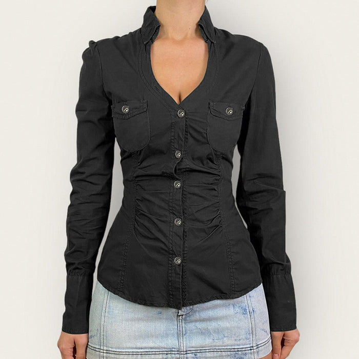 Sexy Women Low Cut V Shaped Collared Waist Tight Breasted Shirt Office Pleated Design Overalls