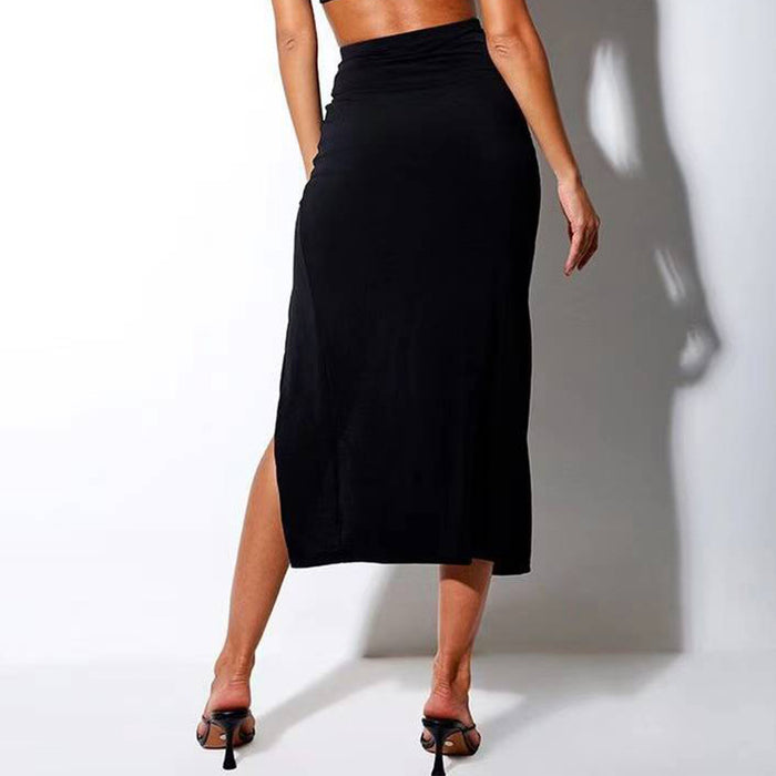 Summer New Women Clothing Sexy Solid Color High Waist Slimming Slit Pleating Skirt