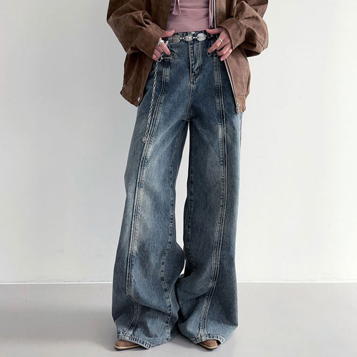 Nostalgic Retro Washed Split High Waist Straight Mop Jeans Sexy Street Slim Fit Long Legs Daddy Pants