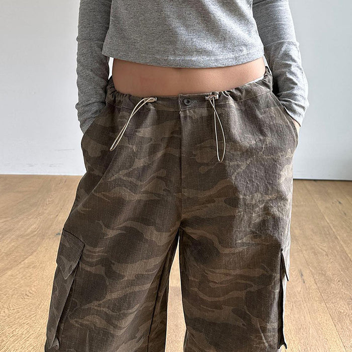 Summer Camouflage Contrast Color Low Waist Elastic Drawstring Pants Tooling Loose Pockets Casual Trousers