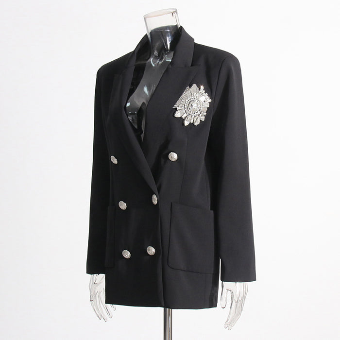 Autumn Elegant Shining Diamond Design Black Office Gold Buckle Profile Blazer Women  Clothing