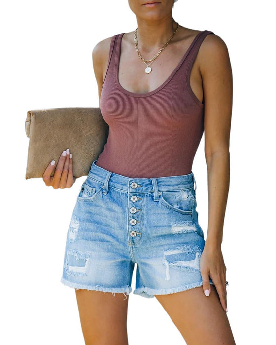 Summer Casual Denim Straight-Leg Pants High Waist Washed Women Denim Shorts