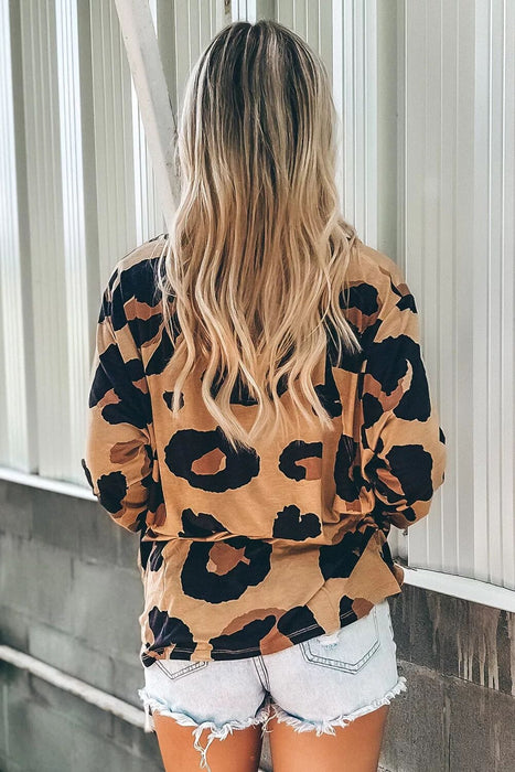 Leopard Print V neck Ruffled Sleeve Loose Top Women Autumn T shirt