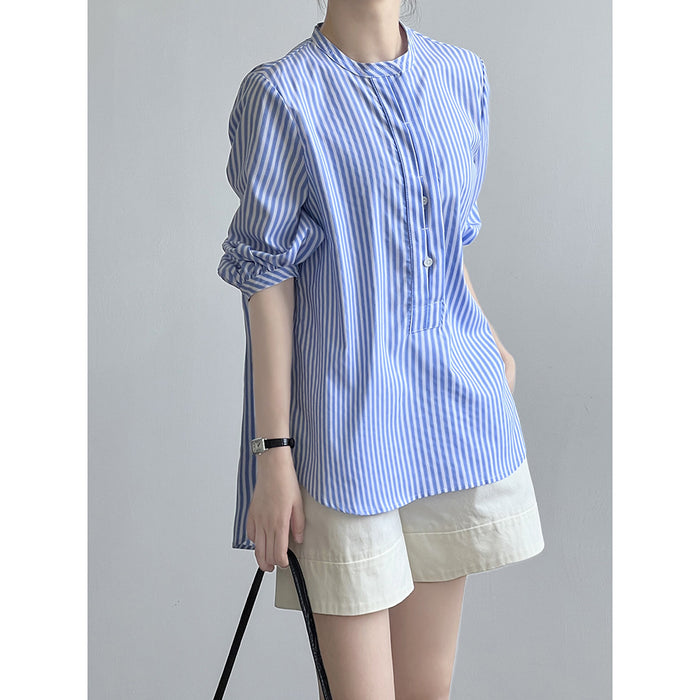 Korean Half Placket Striped Shirt for Women Autumn Stand Collar Long Sleeve Design Blouse