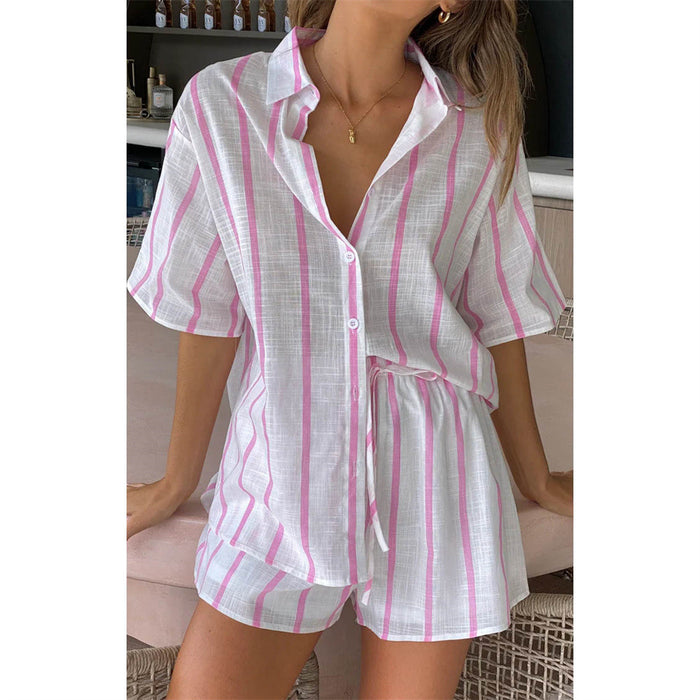 Spring Summer Striped Printed Short Sleeve Shirt Shorts Suit Beach Casual Two Piece Suit Women  Clothing