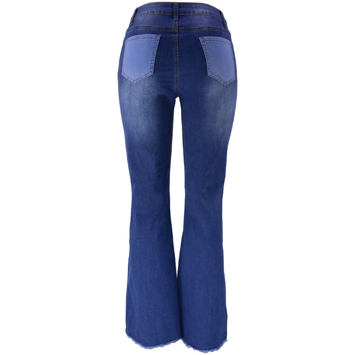 Frayed Flared Pants Women Color Matching Office High Waist Trousers Washed Stretch Jeans