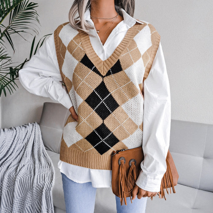 Autumn Winter College Rhombus V-neck Casual Loose Knit Vest Sweater Women Clothing