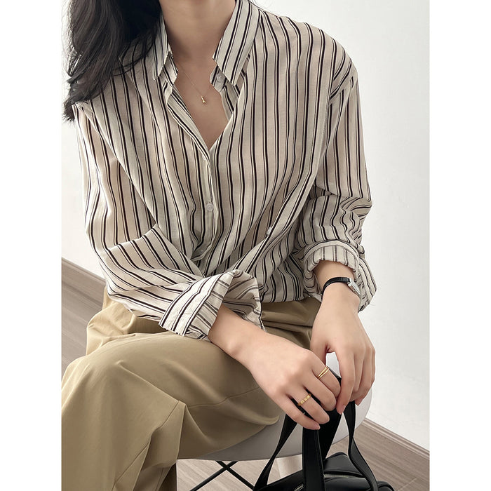 French Vertical Striped Shirt Women  Autumn Niche Long Sleeve Shirt