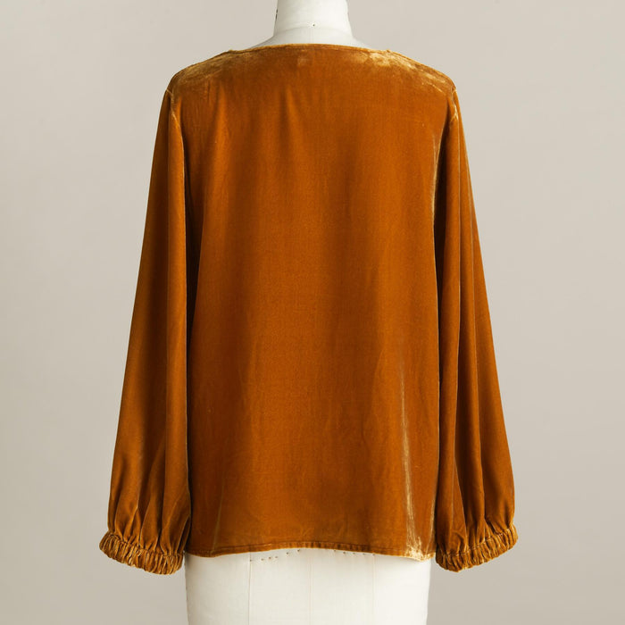 Long Sleeve Base Blouse Solid Color Gold Velvet Pile Collar Pleated T shirt