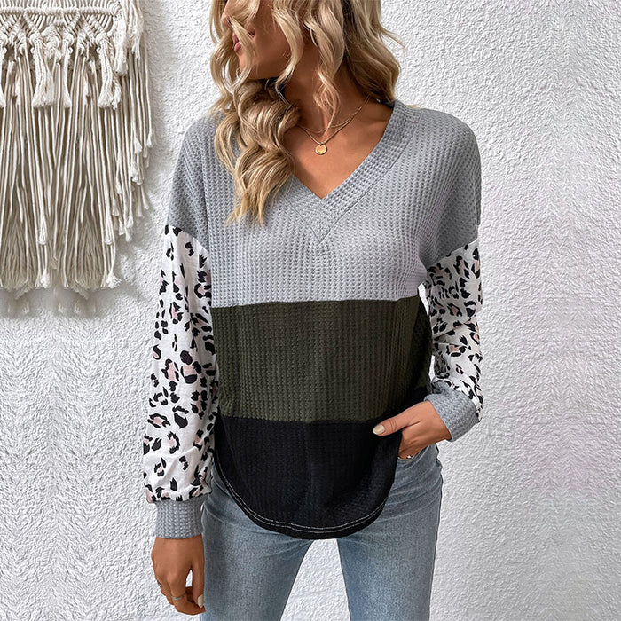 Casual Tops Long Sleeve V neck Leopard Print Contrast Color Knitwear