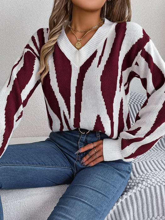 Autumn Winter Casual V Collar Contrast Color Long Sleeve Pullover Bottoming Sweater Women Clothing