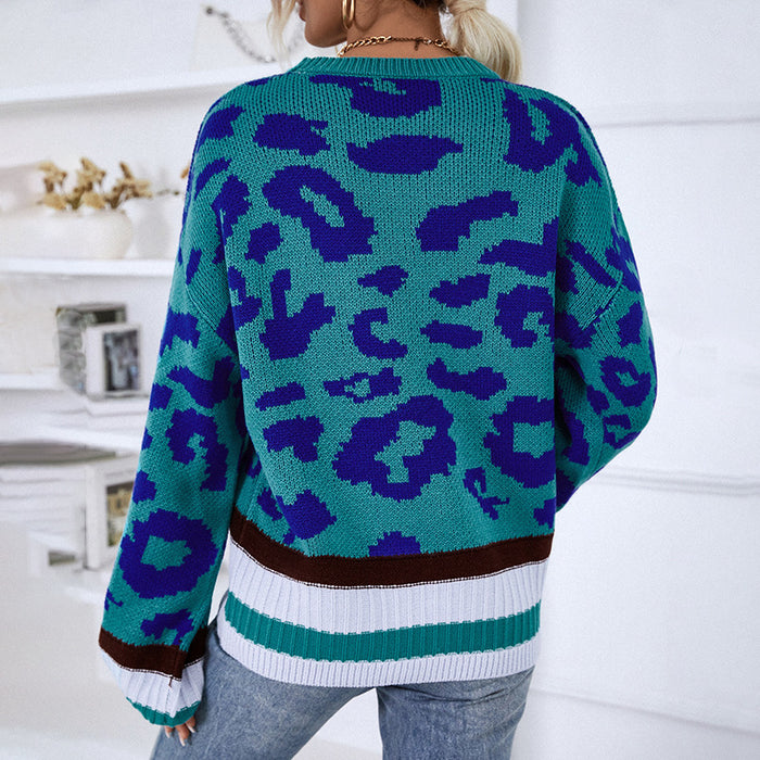 Autumn Winter Round Neck Pullover Sweater Leopard Jacquard Sweater Women