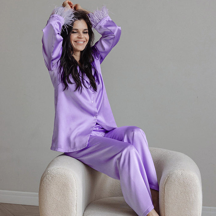 Autumn Feather Pajamas Long Sleeve Trousers Suit Loose Artificial Silk Outerwear Ladie  Homewear