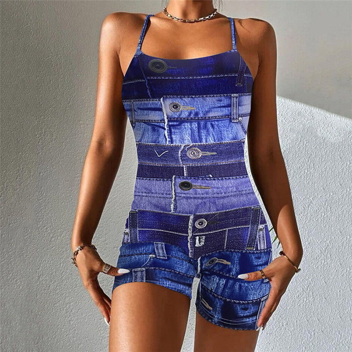 Summer Women Digital Printing Sexy Backless Spaghetti Straps Short Sports Jumpsuit