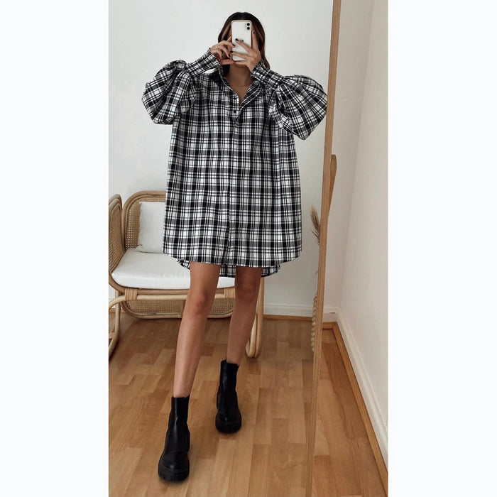 Casual  Years Autumn Winter Plaid Lantern Sleeve Long Sleeve Shirt