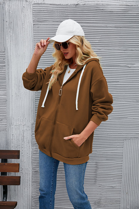 Women Cardigan Solid Color Long Sleeve Pocket Hooded Zipper Thickening Sweater Women