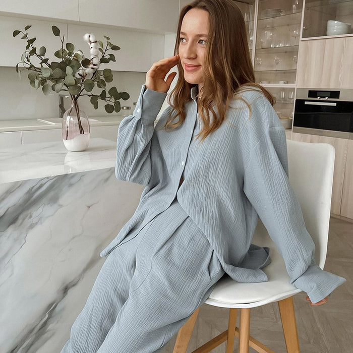 Autumn Shirt Pajamas Double Crepe Loose Long Sleeve Trousers Fashionable Support Outer Wear Ladies Homewear