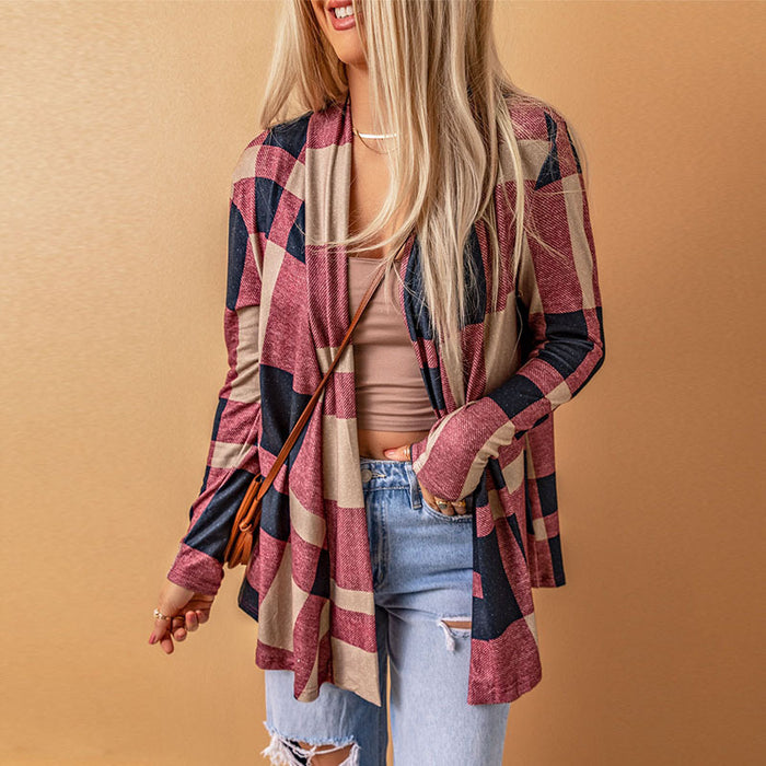 Plaid Tup Cardigan Women Autumn Loose Draped Cardigan A Line Coat Women