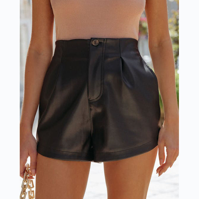 Spring Summer Solid Color High Waist Leather Shorts Women