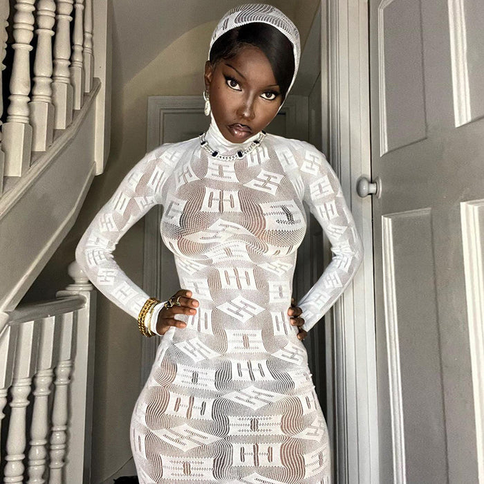 Letter Graphic Printed Sexy Sheer Long Sleeve Dress Sexy Tight Turtleneck Dress for Women