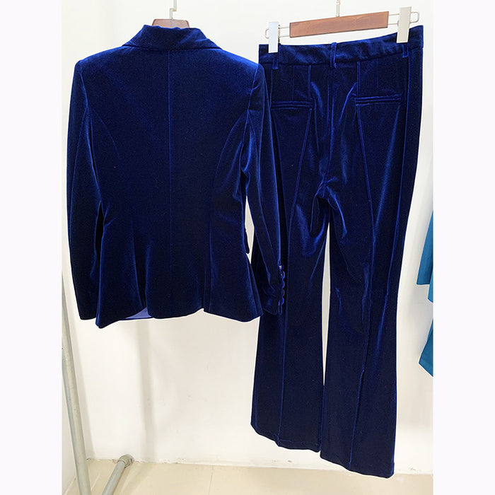 Autumn Winter Women Business Office One Button Pleuche Blazer Bell Bottom Pants Two Piece Set