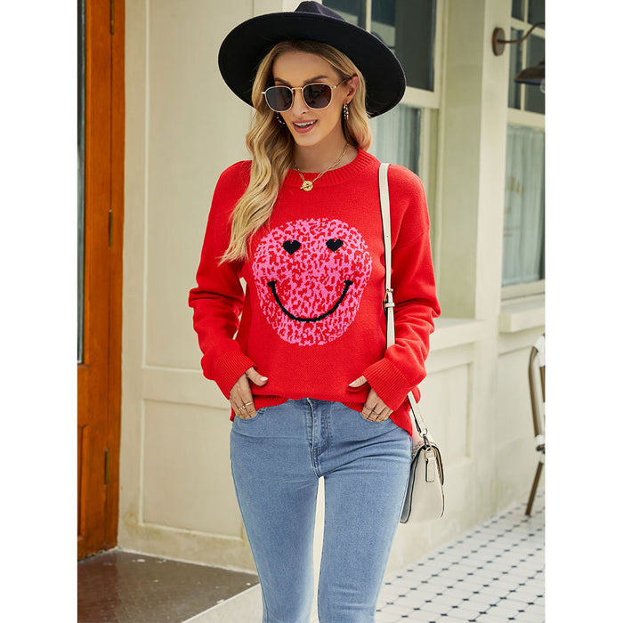 Winter Women Clothing Love Valentine Day round Neck Sweater Women Smiley Face